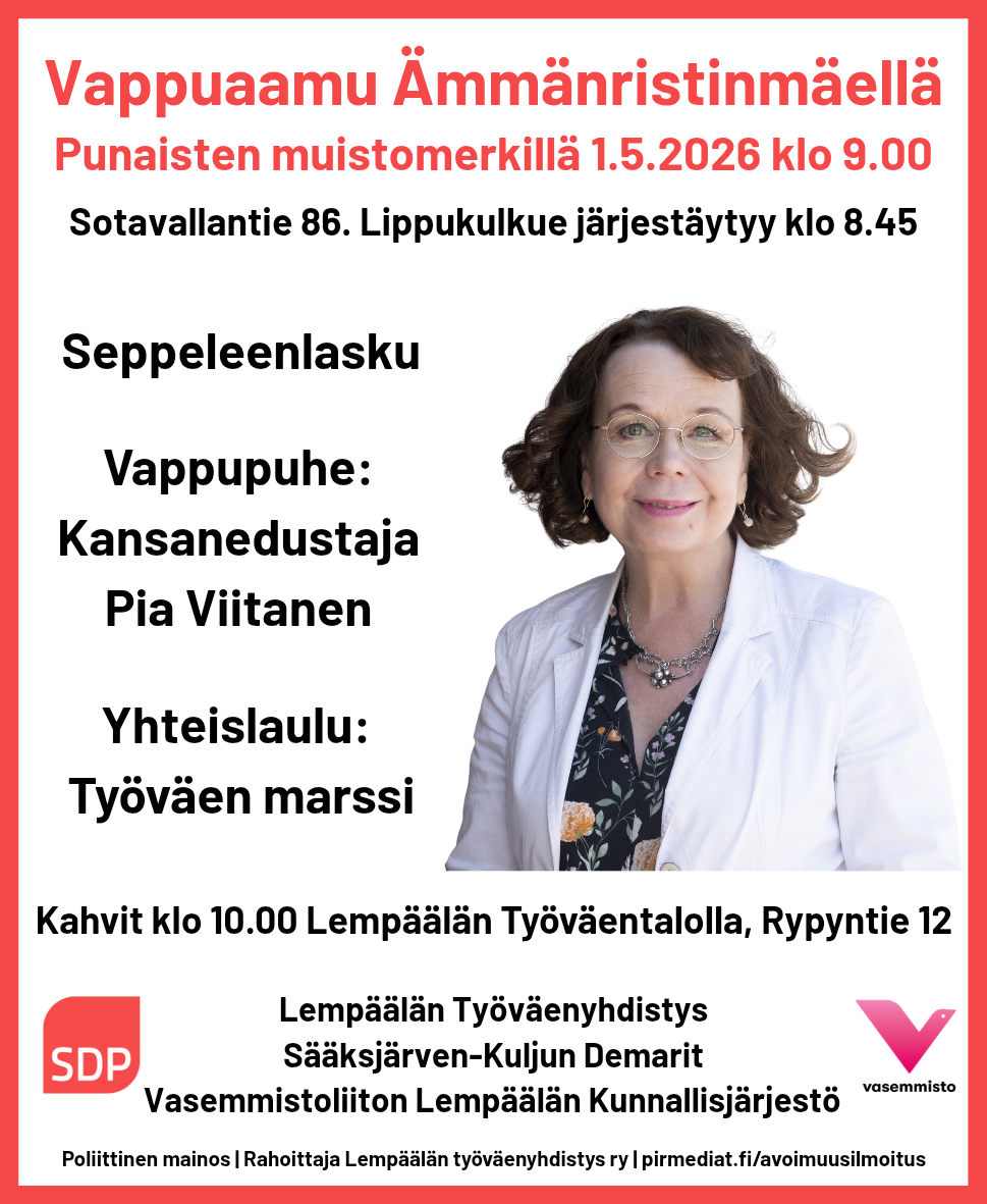Työväen vappu Lempäälässä 1.5.2026 klo 9.00